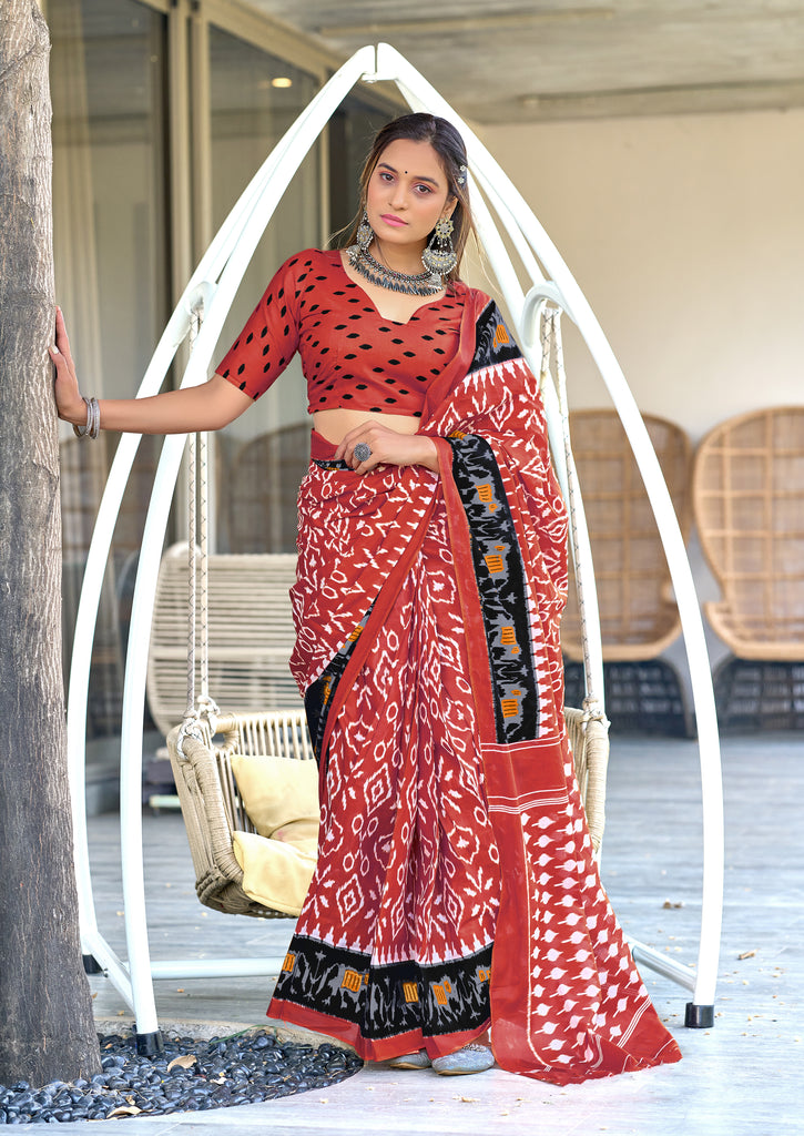 VAMIKA PURE MULMUL COTTON IKKAT HAND BLOCK PRINT PEACH SAREE