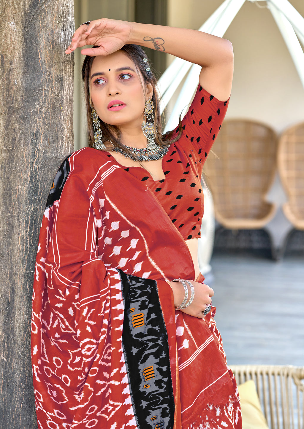 VAMIKA PURE MULMUL COTTON IKKAT HAND BLOCK PRINT PEACH SAREE