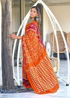 VAMIKA PURE MULMUL COTTON IKKAT HAND BLOCK PRINT RUST ORANGE SAREE