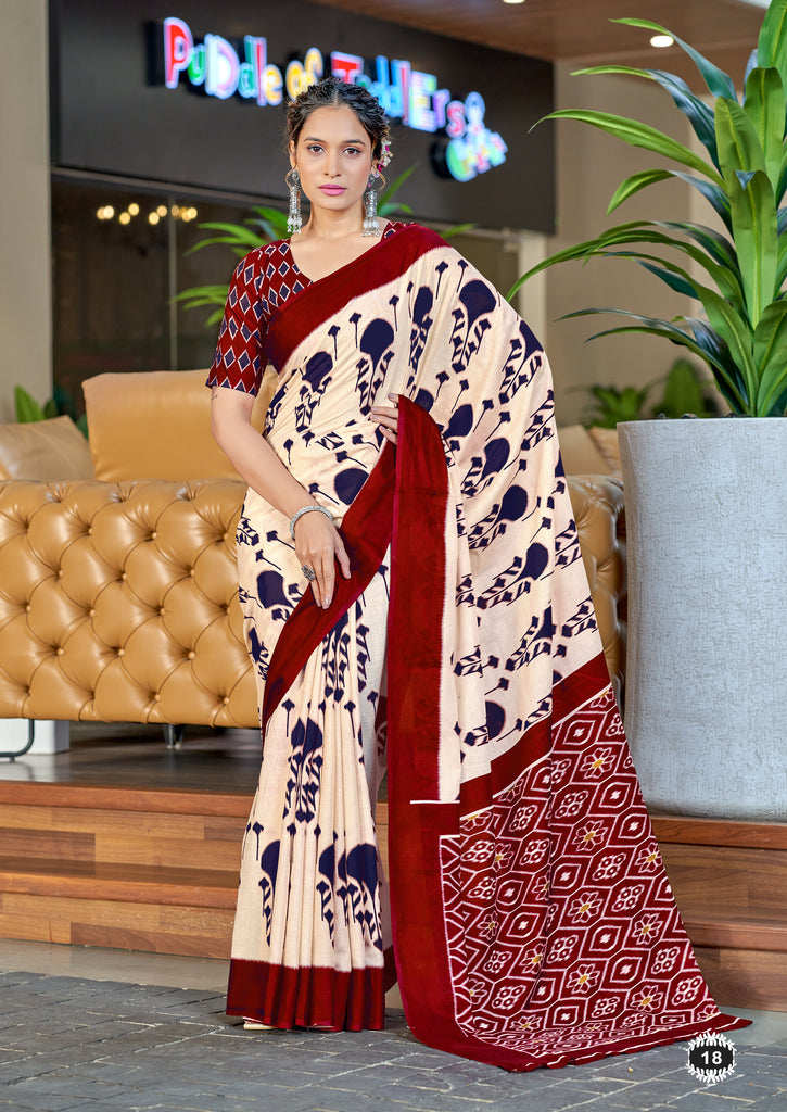 VEDIKA PURE SOFT COTTON FANCY IKKAT BLOCK PRINT BLUE AND RED SAREE