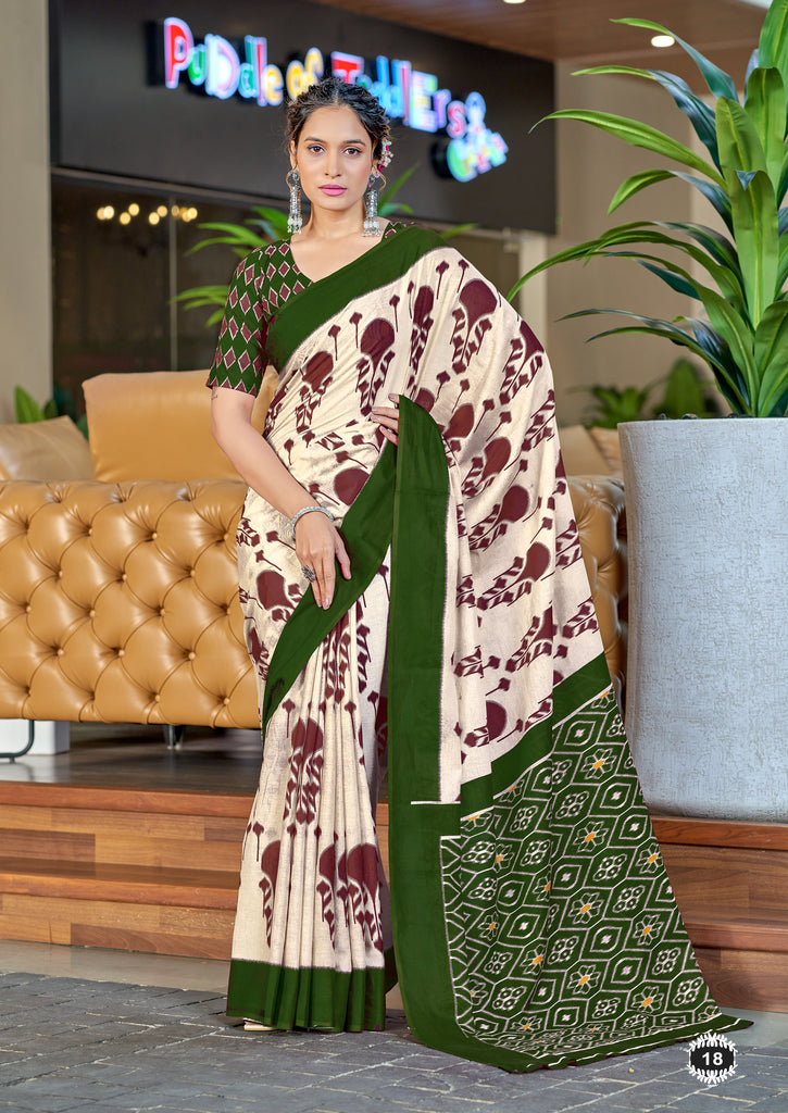 VEDIKA PURE SOFT COTTON FANCY IKKAT BLOCK PRINT BROWN AND GREEN SAREE