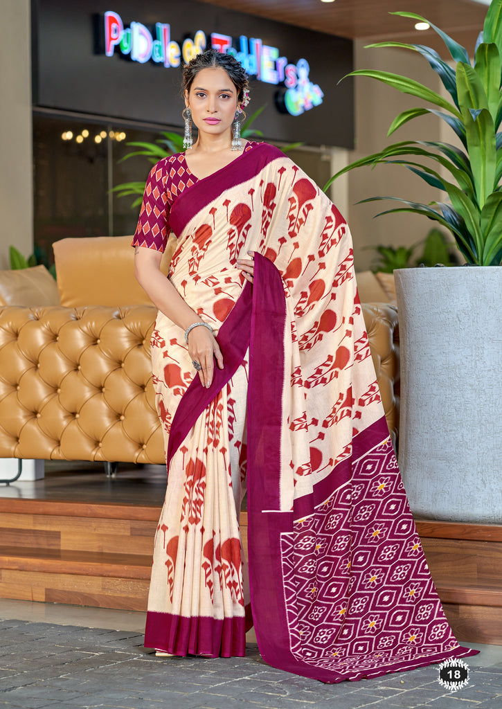 VEDIKA PURE SOFT COTTON FANCY IKKAT BLOCK PRINT RED AND PINK SAREE
