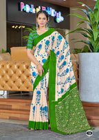 VEDIKA PURE SOFT COTTON FANCY IKKAT BLOCK PRINT SKY BLUE AND GREEN SAREE
