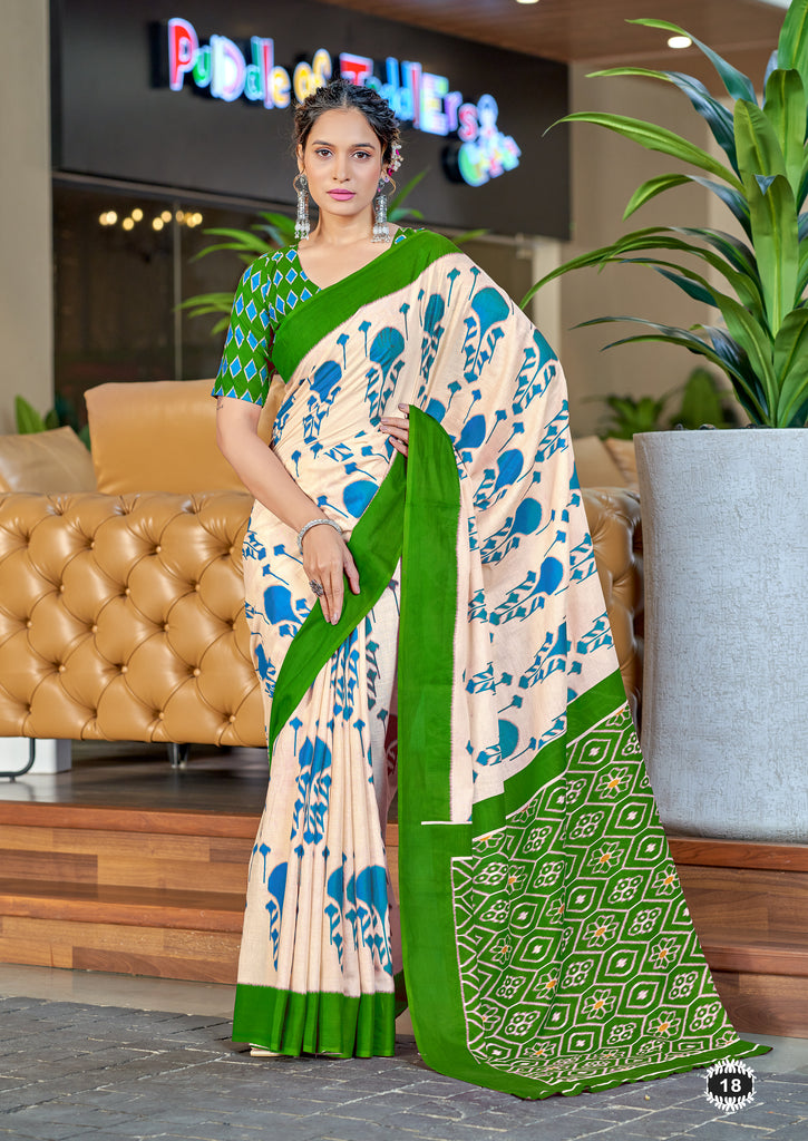 VEDIKA PURE SOFT COTTON FANCY IKKAT BLOCK PRINT SKY BLUE AND GREEN SAREE