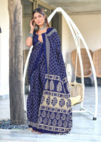 VICTORIYA PURE MULMUL COTTON HAND BANDHANI BLOCK PRINT BLUE SAREE