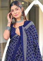 VICTORIYA PURE MULMUL COTTON HAND BANDHANI BLOCK PRINT BLUE SAREE