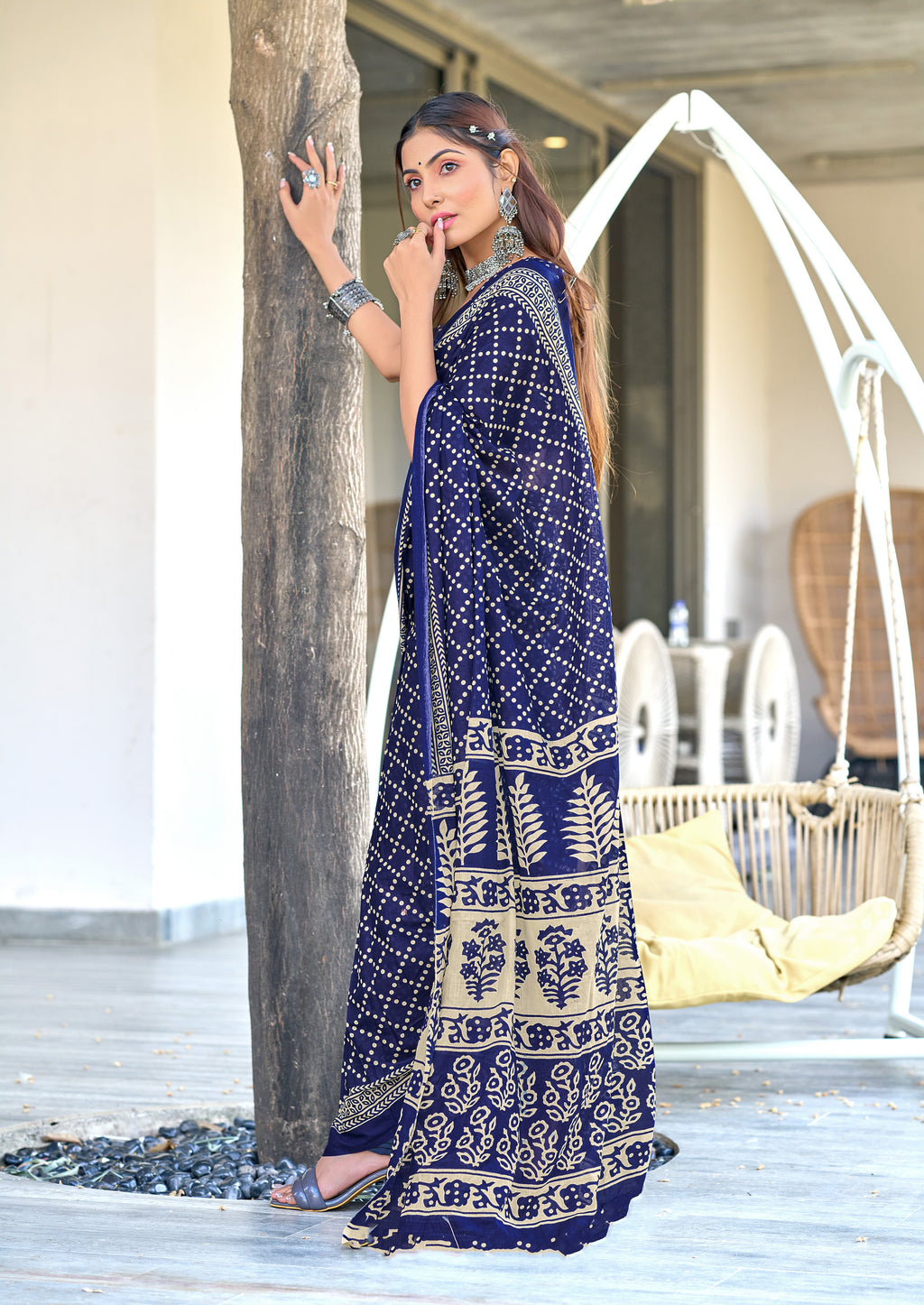VICTORIYA PURE MULMUL COTTON HAND BANDHANI BLOCK PRINT BLUE SAREE