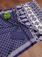 VICTORIYA PURE MULMUL COTTON HAND BANDHANI BLOCK PRINT BLUE SAREE