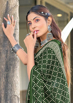 VICTORIYA PURE MULMUL COTTON HAND BANDHANI BLOCK PRINT GREEN SAREE