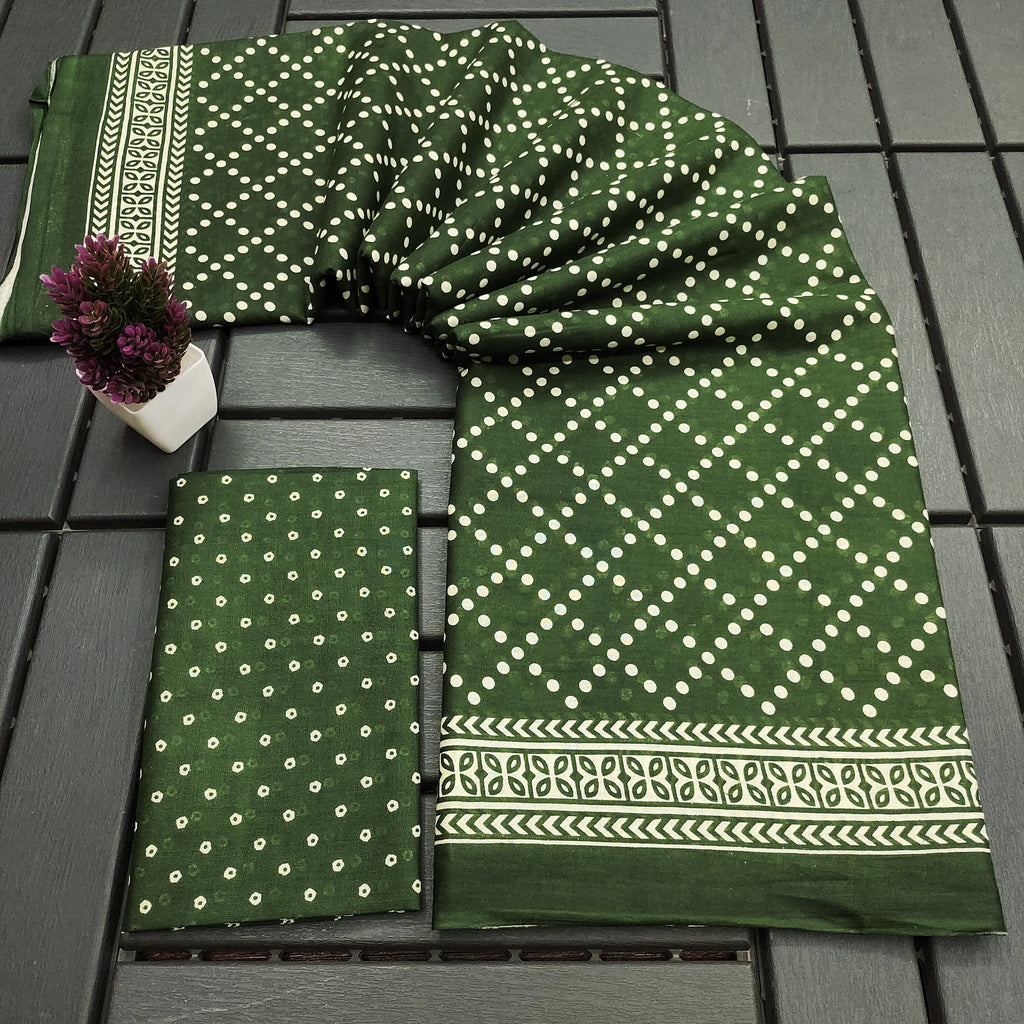 VICTORIYA PURE MULMUL COTTON HAND BANDHANI BLOCK PRINT GREEN SAREE