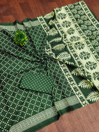 VICTORIYA PURE MULMUL COTTON HAND BANDHANI BLOCK PRINT GREEN SAREE