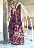 VICTORIYA PURE MULMUL COTTON HAND BANDHANI BLOCK PRINT PURPLE SAREE