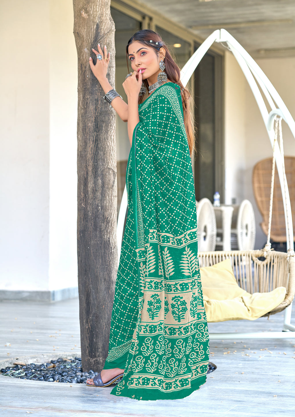 VICTORIYA PURE MULMUL COTTON HAND BANDHANI BLOCK PRINT TEAL GREEN SAREE