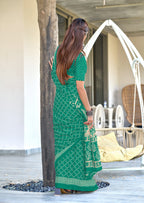 VICTORIYA PURE MULMUL COTTON HAND BANDHANI BLOCK PRINT TEAL GREEN SAREE