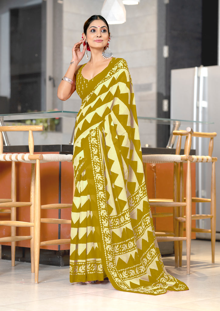 VIHAANA PURE MULMUL COTTON ZIGZAG HAND BLOCK PRINTED OLIVE GREEN SAREE