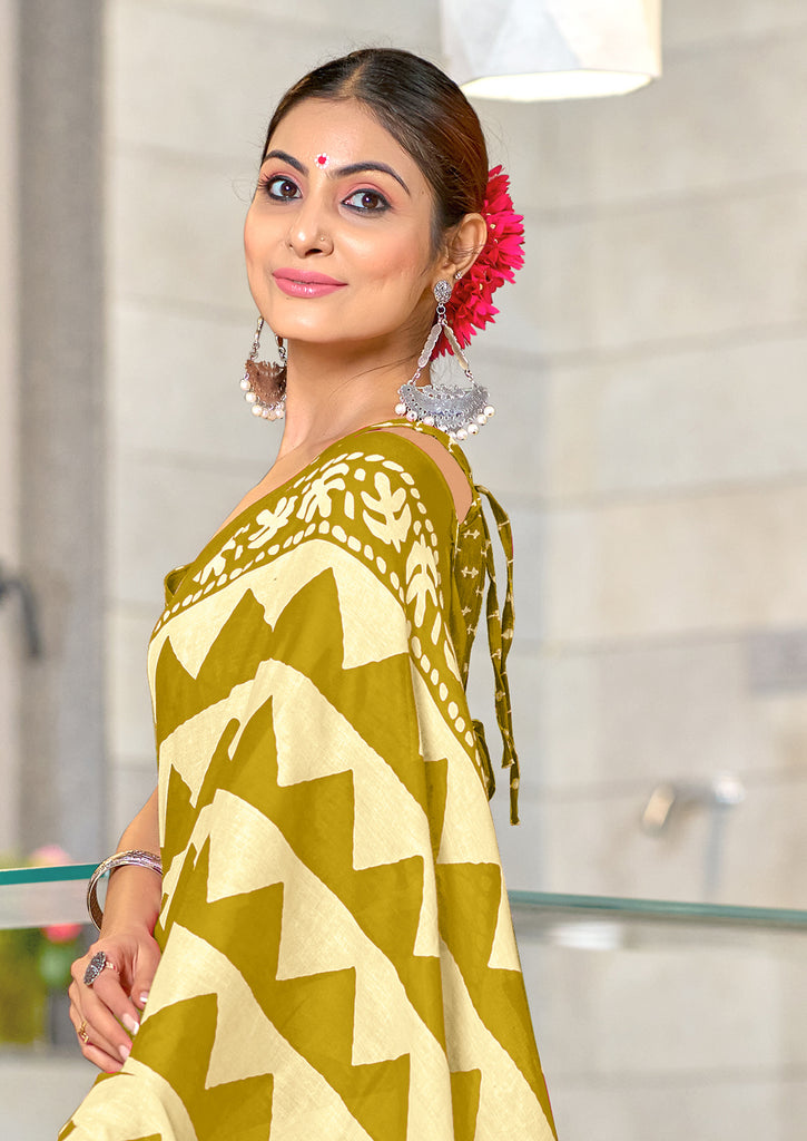 VIHAANA PURE MULMUL COTTON ZIGZAG HAND BLOCK PRINTED OLIVE GREEN SAREE