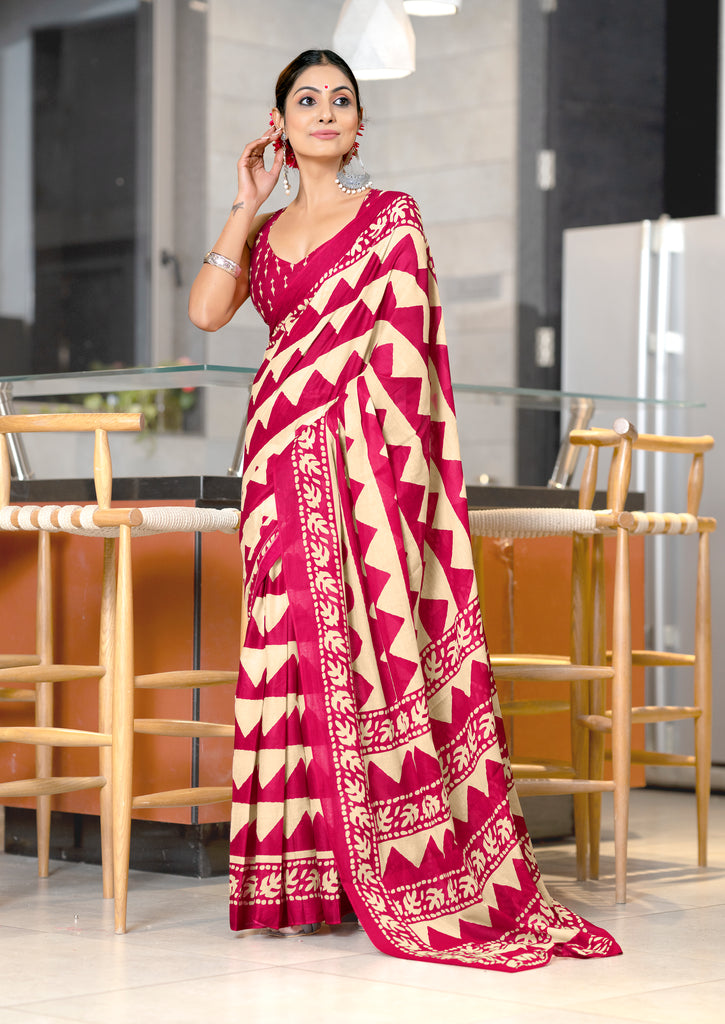 VIHAANA PURE MULMUL COTTON ZIGZAG HAND BLOCK PRINTED OLIVE PINK SAREE