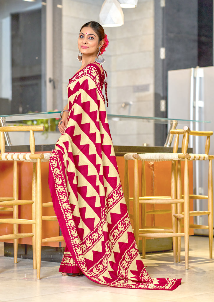 VIHAANA PURE MULMUL COTTON ZIGZAG HAND BLOCK PRINTED OLIVE PINK SAREE