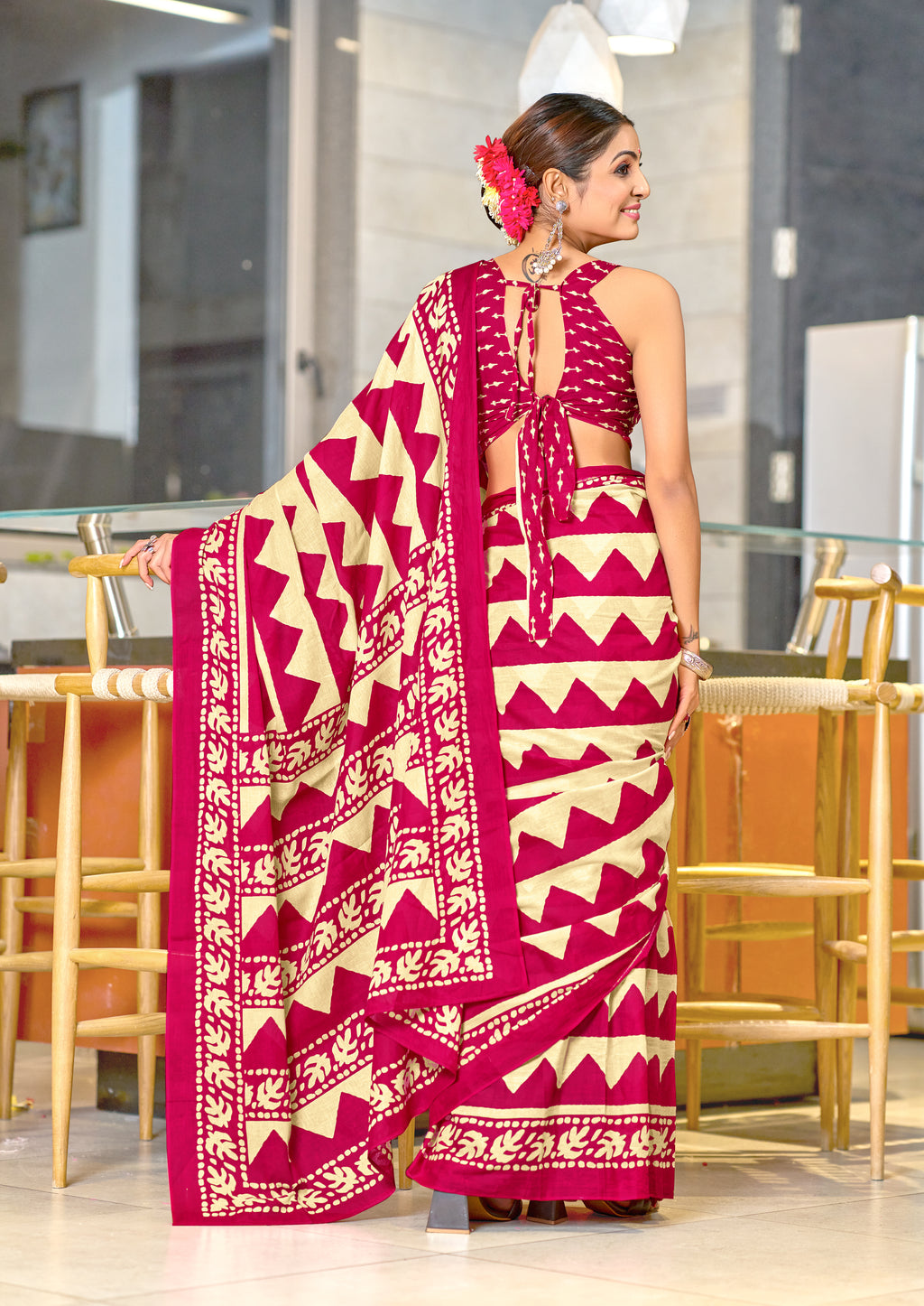 VIHAANA PURE MULMUL COTTON ZIGZAG HAND BLOCK PRINTED OLIVE PINK SAREE