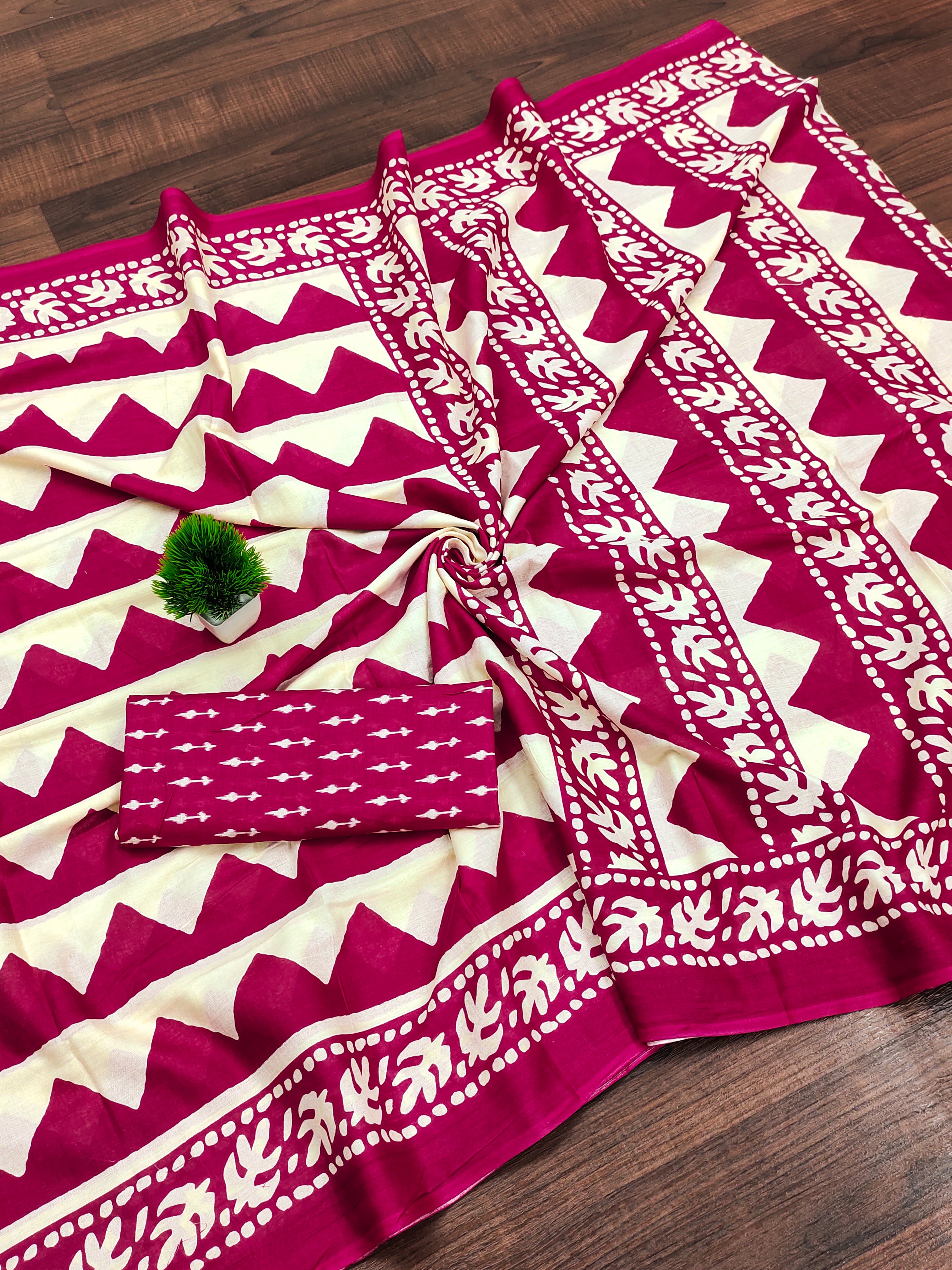 VIHAANA PURE MULMUL COTTON ZIGZAG HAND BLOCK PRINTED OLIVE PINK SAREE