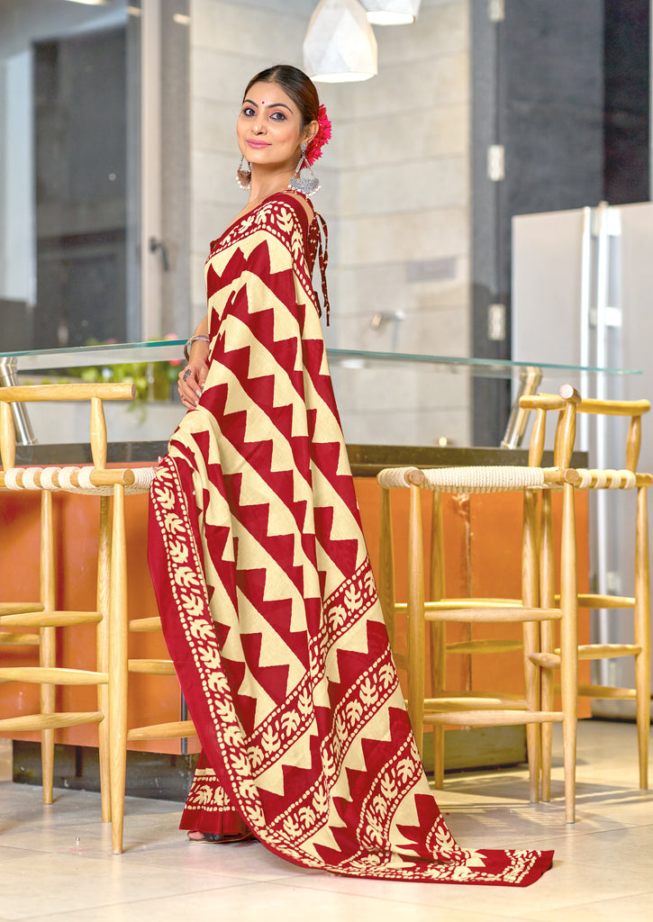 VIHAANA PURE MULMUL COTTON ZIGZAG HAND BLOCK PRINTED RED SAREE