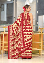 VIHAANA PURE MULMUL COTTON ZIGZAG HAND BLOCK PRINTED RED SAREE