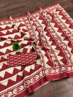 VIHAANA PURE MULMUL COTTON ZIGZAG HAND BLOCK PRINTED RED SAREE