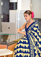 VIHAANA PURE MULMUL COTTON ZIGZAG HAND BLOCK PRINTED ROYAL BLUE SAREE