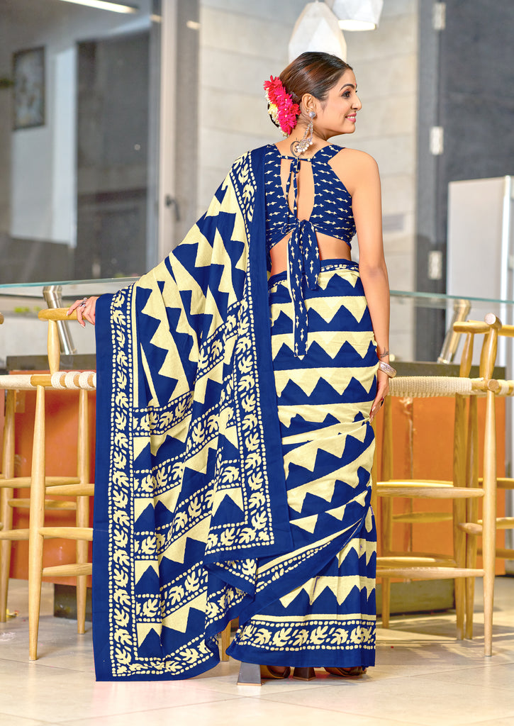 VIHAANA PURE MULMUL COTTON ZIGZAG HAND BLOCK PRINTED ROYAL BLUE SAREE