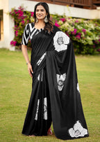 YASHODA PURE MULMUL COTTON HAND  BLOCK PRINT FLOWER TEST BLACK SAREE