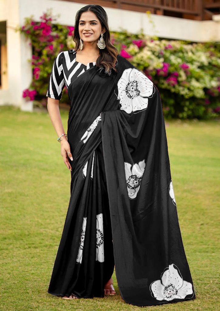 YASHODA PURE MULMUL COTTON HAND  BLOCK PRINT FLOWER TEST BLACK SAREE