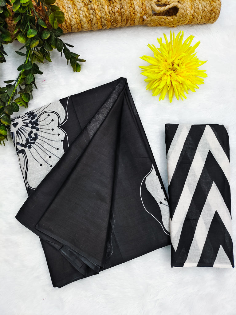 YASHODA PURE MULMUL COTTON HAND  BLOCK PRINT FLOWER TEST BLACK SAREE