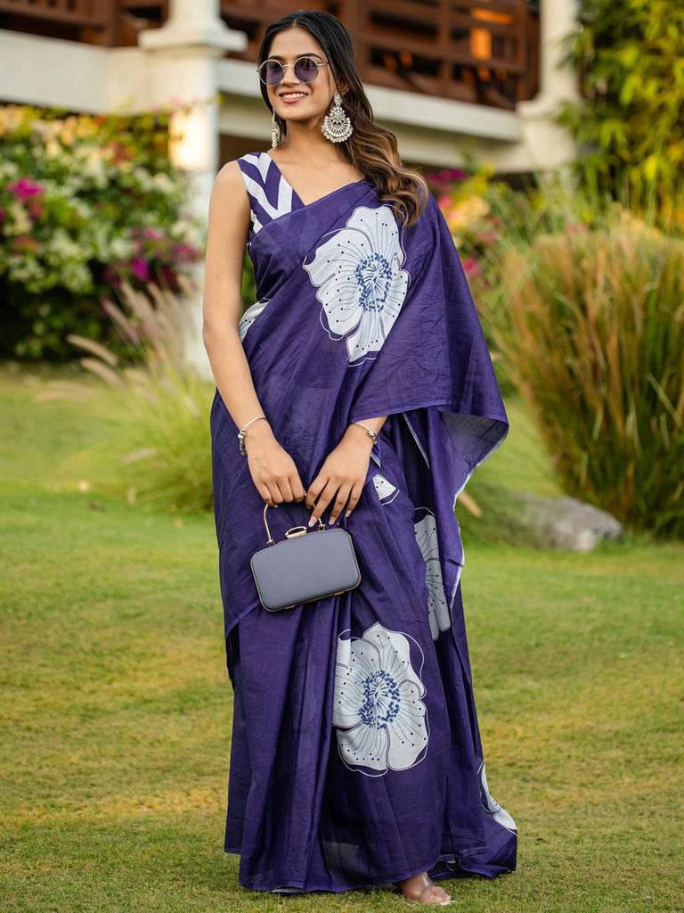 YASHODA PURE MULMUL COTTON HAND  BLOCK PRINT FLOWER TEST BLUE SAREE
