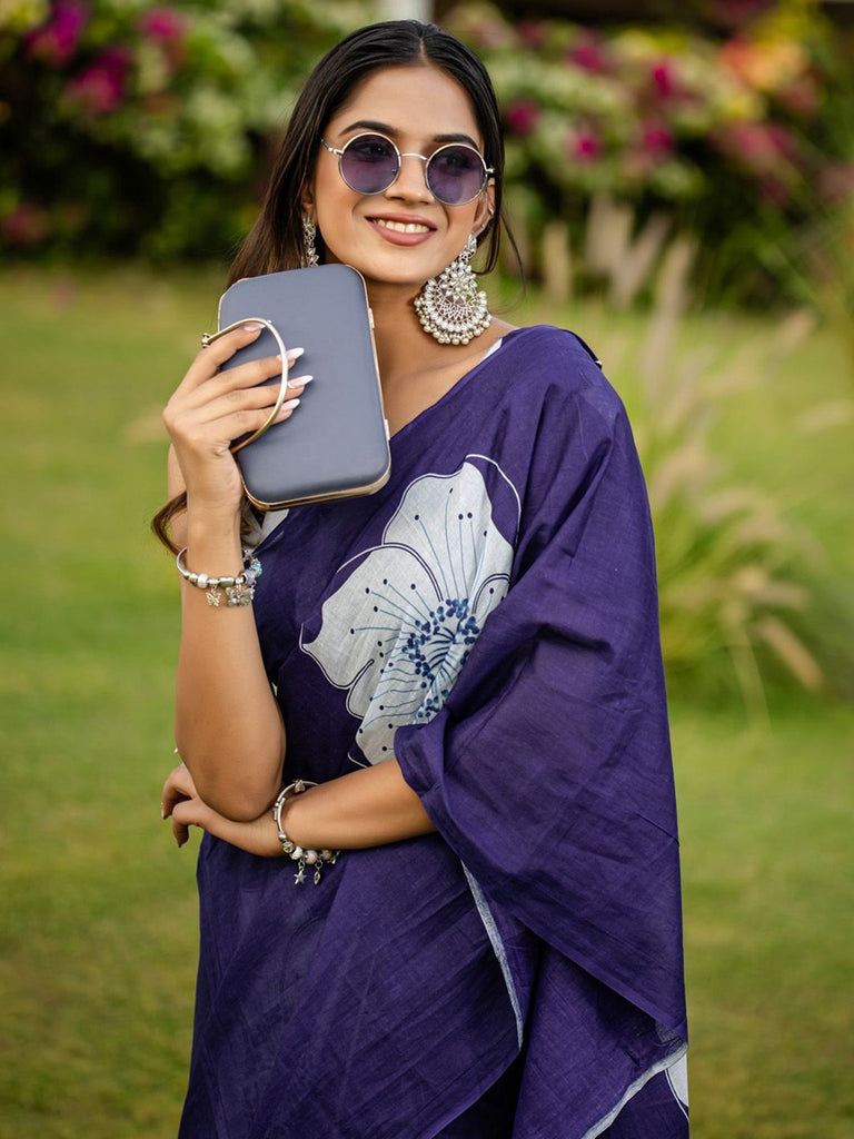 YASHODA PURE MULMUL COTTON HAND  BLOCK PRINT FLOWER TEST BLUE SAREE