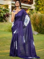 YASHODA PURE MULMUL COTTON HAND  BLOCK PRINT FLOWER TEST BLUE SAREE