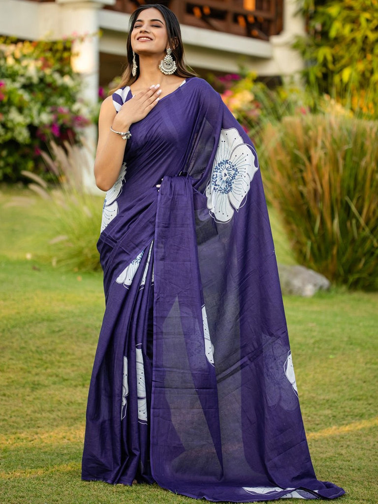 YASHODA PURE MULMUL COTTON HAND  BLOCK PRINT FLOWER TEST BLUE SAREE