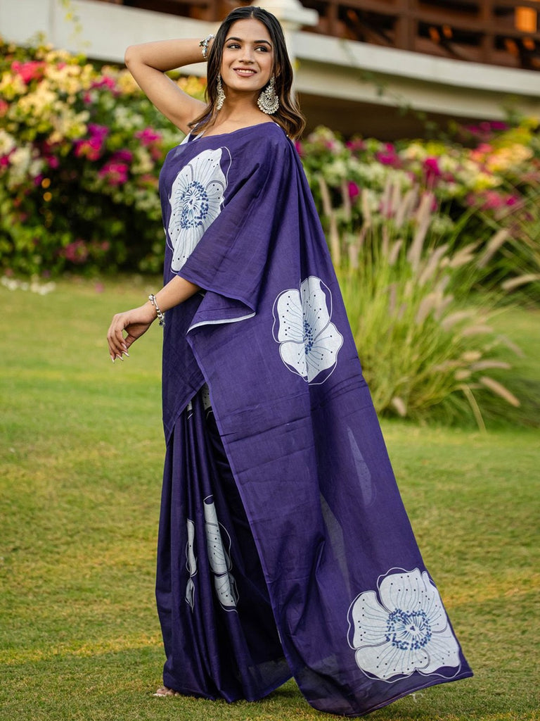 YASHODA PURE MULMUL COTTON HAND  BLOCK PRINT FLOWER TEST BLUE SAREE