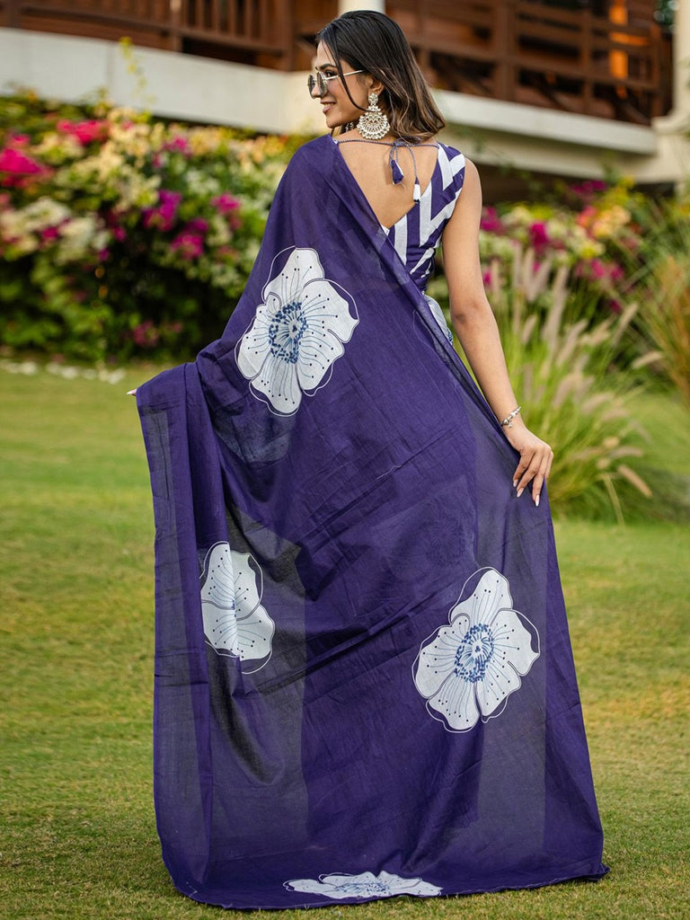 YASHODA PURE MULMUL COTTON HAND  BLOCK PRINT FLOWER TEST BLUE SAREE