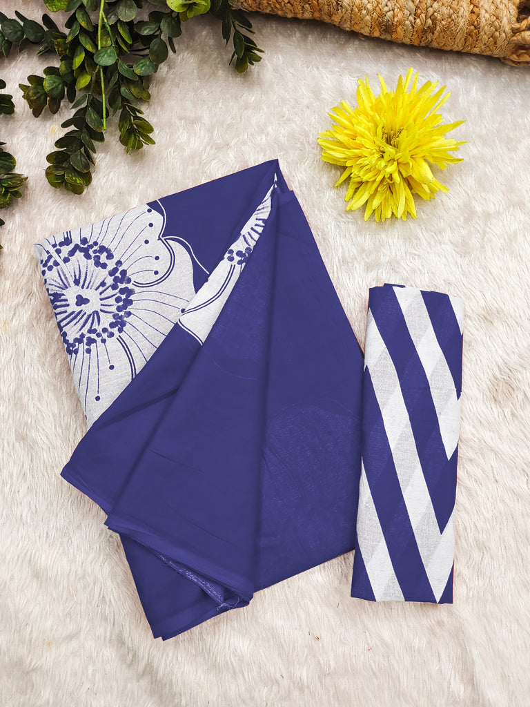 YASHODA PURE MULMUL COTTON HAND  BLOCK PRINT FLOWER TEST BLUE SAREE