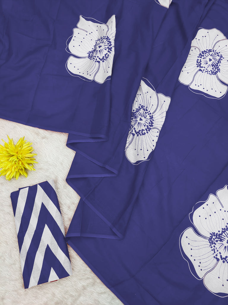 YASHODA PURE MULMUL COTTON HAND  BLOCK PRINT FLOWER TEST BLUE SAREE