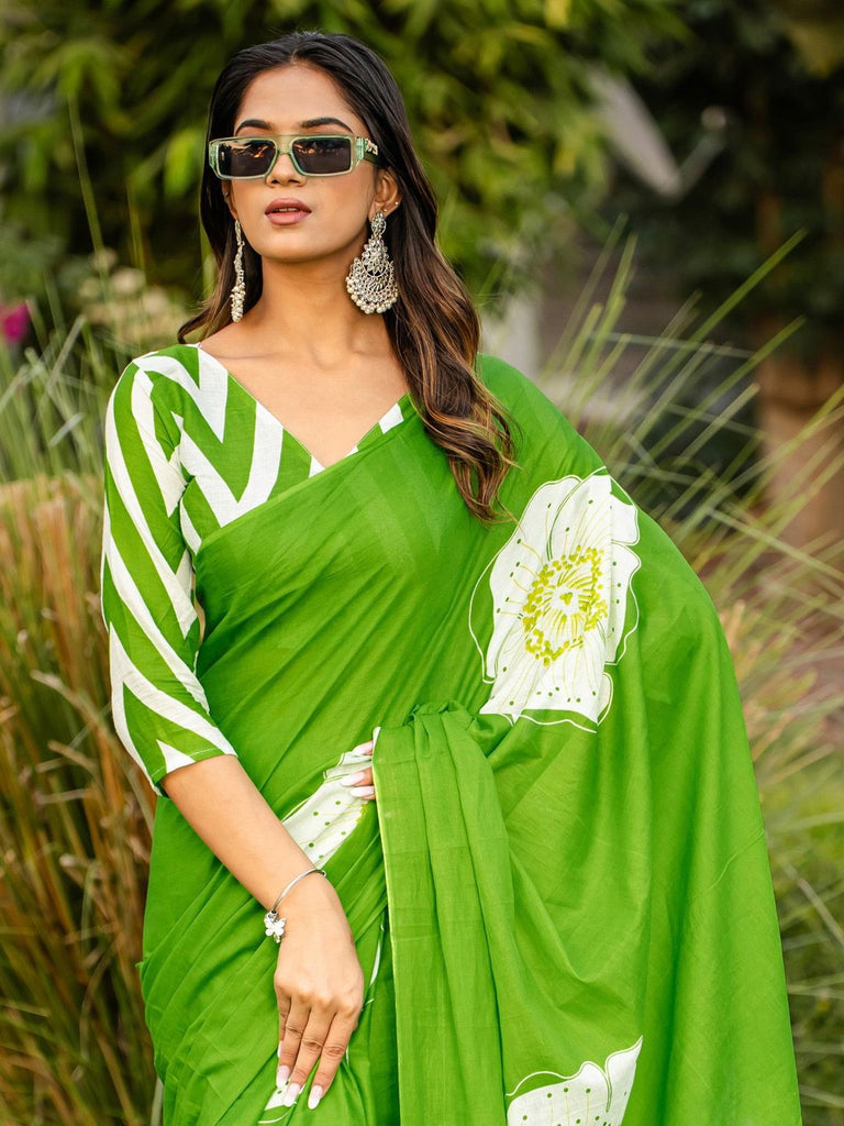 YASHODA PURE MULMUL COTTON HAND  BLOCK PRINT FLOWER TEST GREEN SAREE