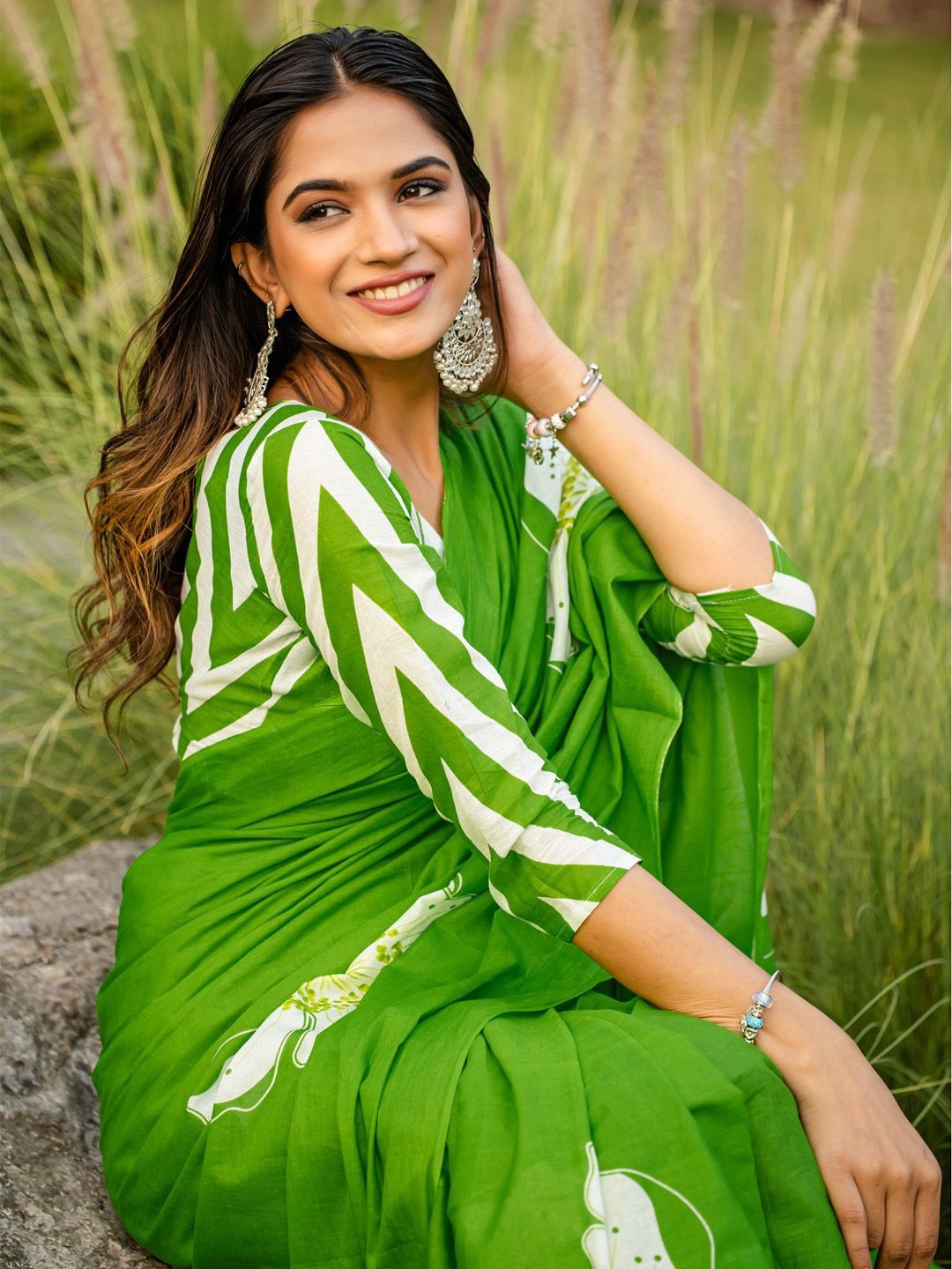 YASHODA PURE MULMUL COTTON HAND  BLOCK PRINT FLOWER TEST GREEN SAREE
