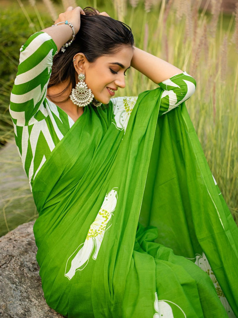 YASHODA PURE MULMUL COTTON HAND  BLOCK PRINT FLOWER TEST GREEN SAREE