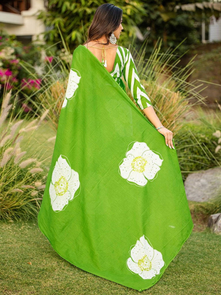 YASHODA PURE MULMUL COTTON HAND  BLOCK PRINT FLOWER TEST GREEN SAREE