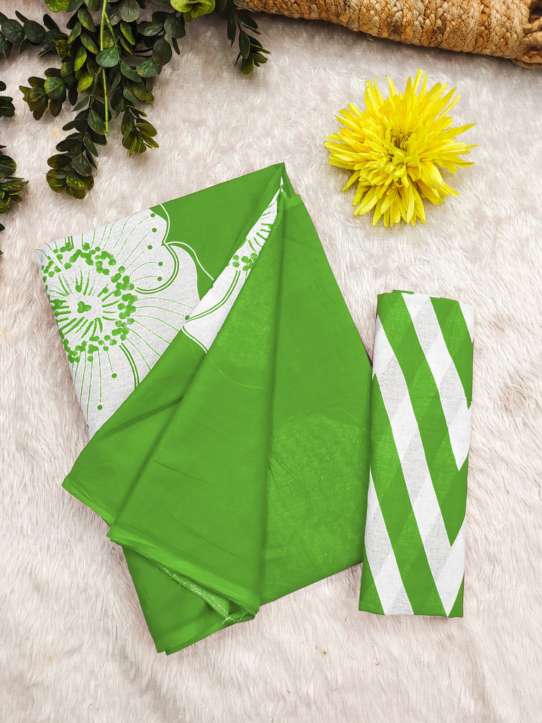YASHODA PURE MULMUL COTTON HAND  BLOCK PRINT FLOWER TEST GREEN SAREE
