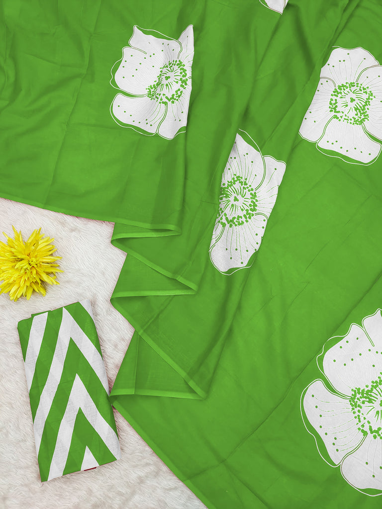 YASHODA PURE MULMUL COTTON HAND  BLOCK PRINT FLOWER TEST GREEN SAREE