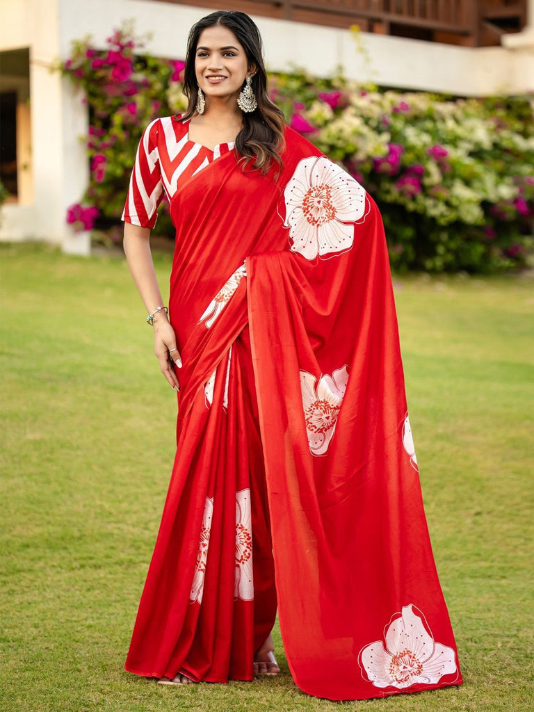 YASHODA PURE MULMUL COTTON HAND  BLOCK PRINT FLOWER TEST RED SAREE