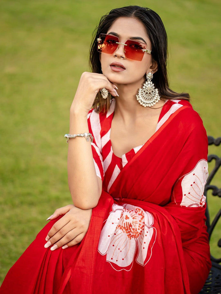 YASHODA PURE MULMUL COTTON HAND  BLOCK PRINT FLOWER TEST RED SAREE