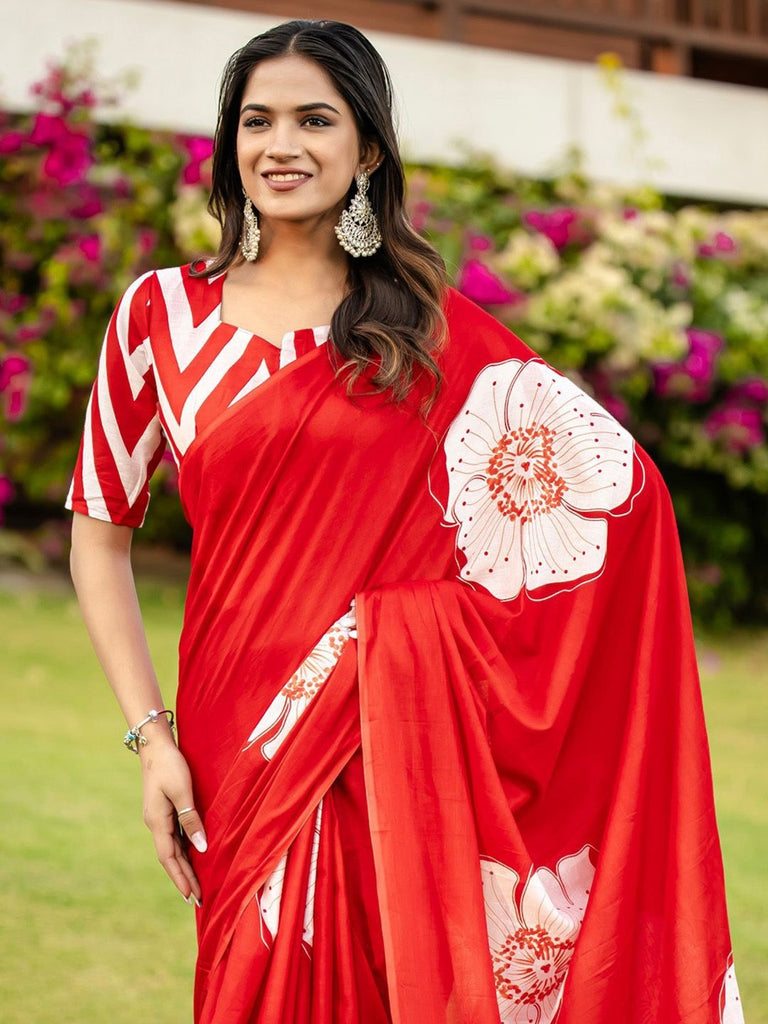 YASHODA PURE MULMUL COTTON HAND  BLOCK PRINT FLOWER TEST RED SAREE