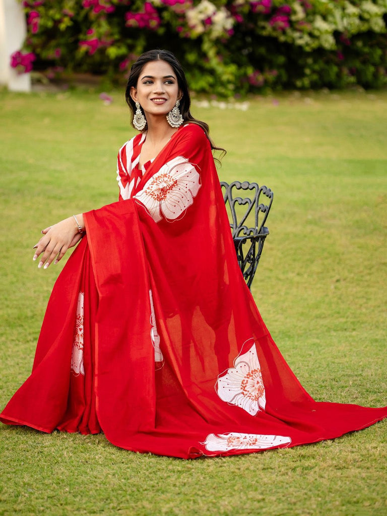 YASHODA PURE MULMUL COTTON HAND  BLOCK PRINT FLOWER TEST RED SAREE